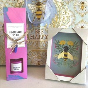 NWT 3 ITEM BUNDLE BEE FRAMED PICTURE,  REED DIFFUSER AND BEE HAPPY BAG